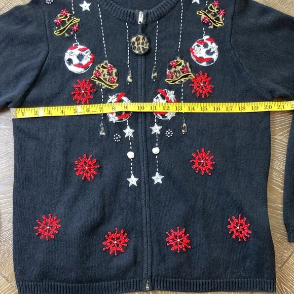 Victoria Jones Black Embroidered Christmas Holiday Cardigan Leopard Print Medium - Picture 13 of 15